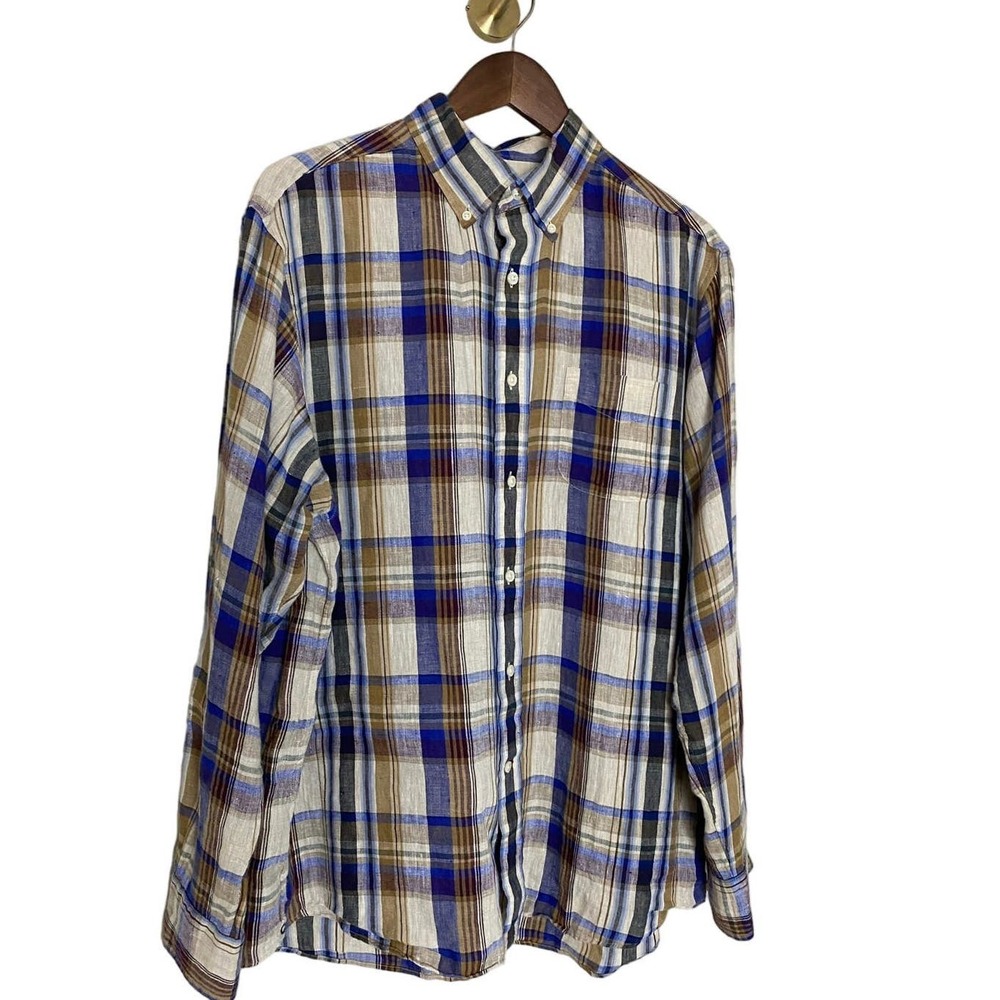 Cremieux Linen‎ Button Down Mens Large Long Sleeve Purple Plaid Coastal Light